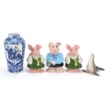 Chinese blue and white porcelain vase hand painted with figures, three NatWest piggy banks and a