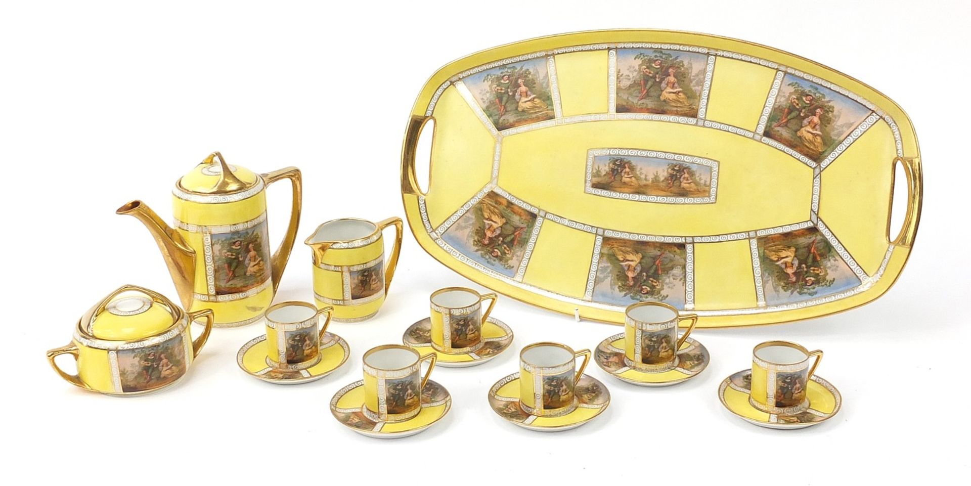 Czechoslovakian Royal Vienna style yellow cabaret set decorated with lovers comprising a coffee pot,