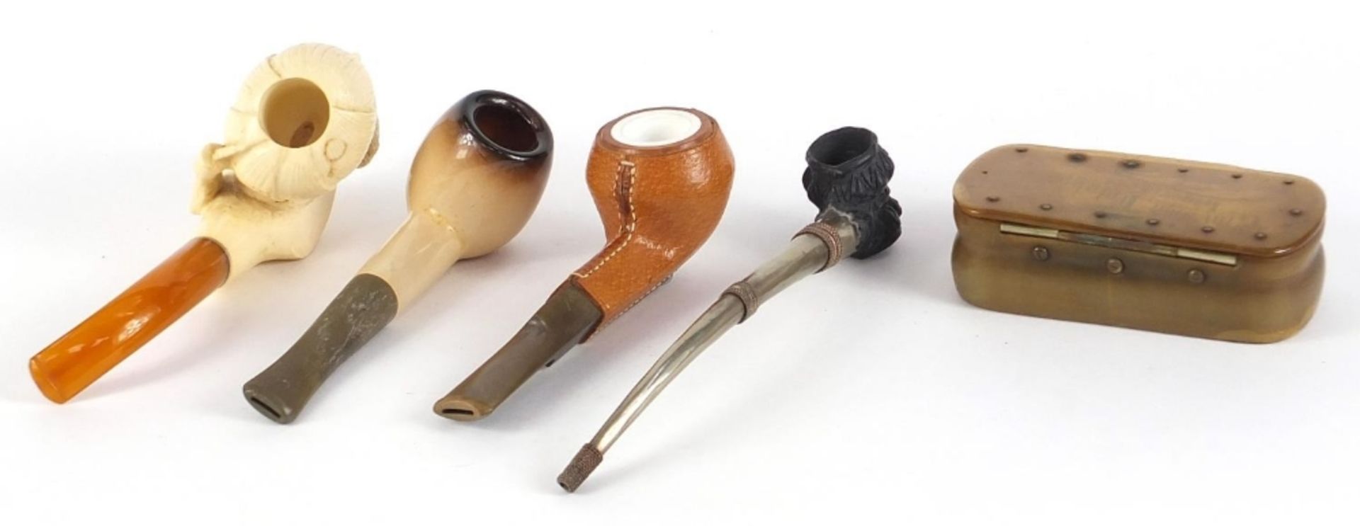 Smoking objects including an antique horn snuff box and a Meerschaum pipe with amber coloured - Bild 4 aus 6