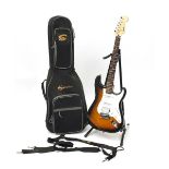 Squier Stratocaster by Fender bullet strapped six string electric guitar with case, 97.5cm in length