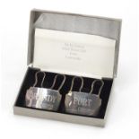 British Airways, pair of silver Concorde decanter labels with box, comprising port and brandy, 5cm