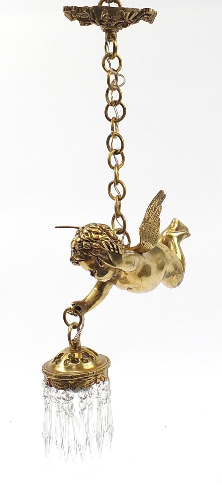 Gilt bronze cherub light fitting with cut glass drops, 32cm in length :For Further Condition Reports - Image 3 of 4