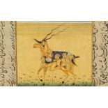Gazelle with erotic figures, Indian Mughal watercolour booklet with calligraphy, mounted unframed,