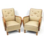 Pair of Art Deco design walnut framed armchairs with button upholstered backs, each 88.5cm H x 69.