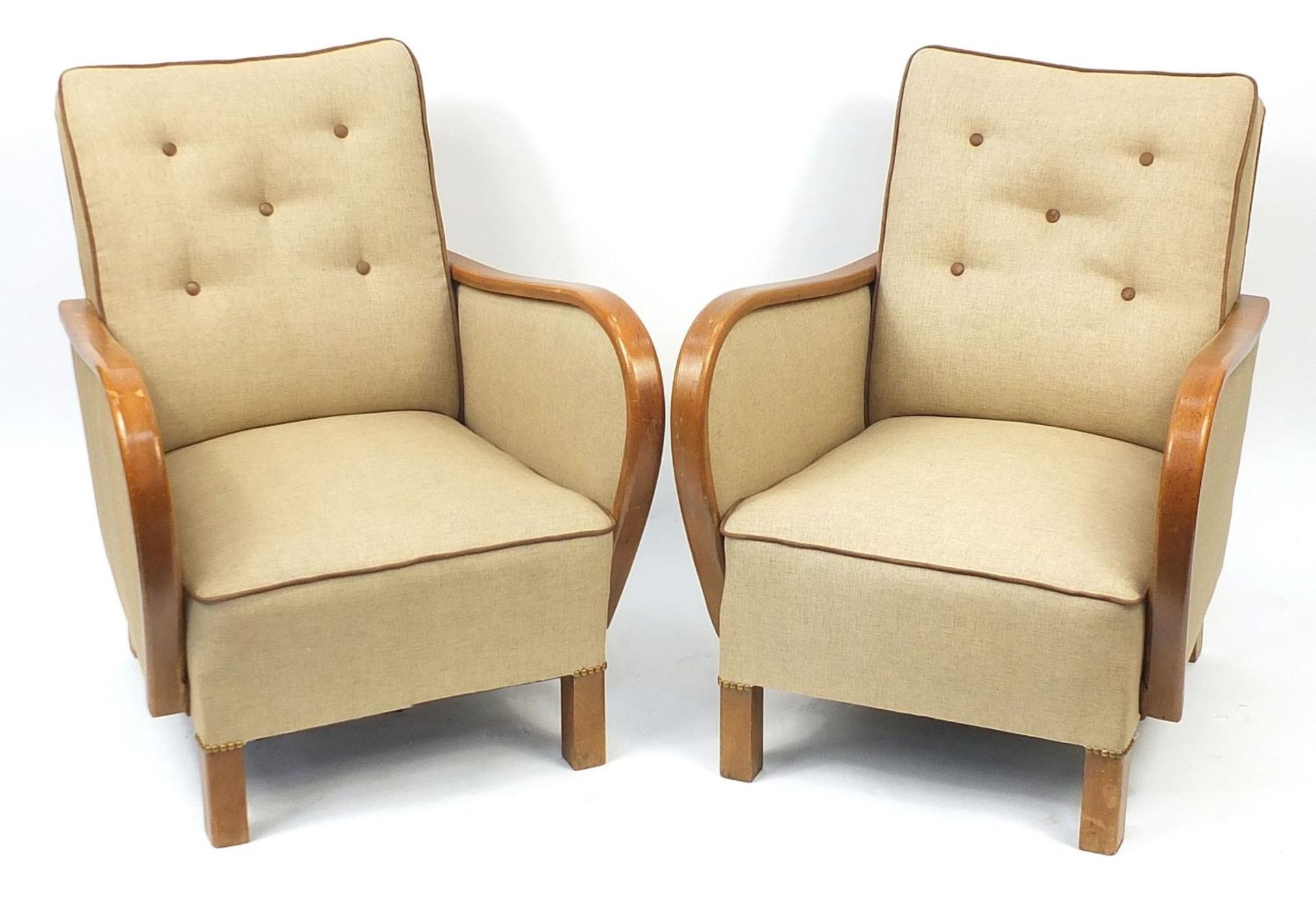 Pair of Art Deco design walnut framed armchairs with button upholstered backs, each 88.5cm H x 69.