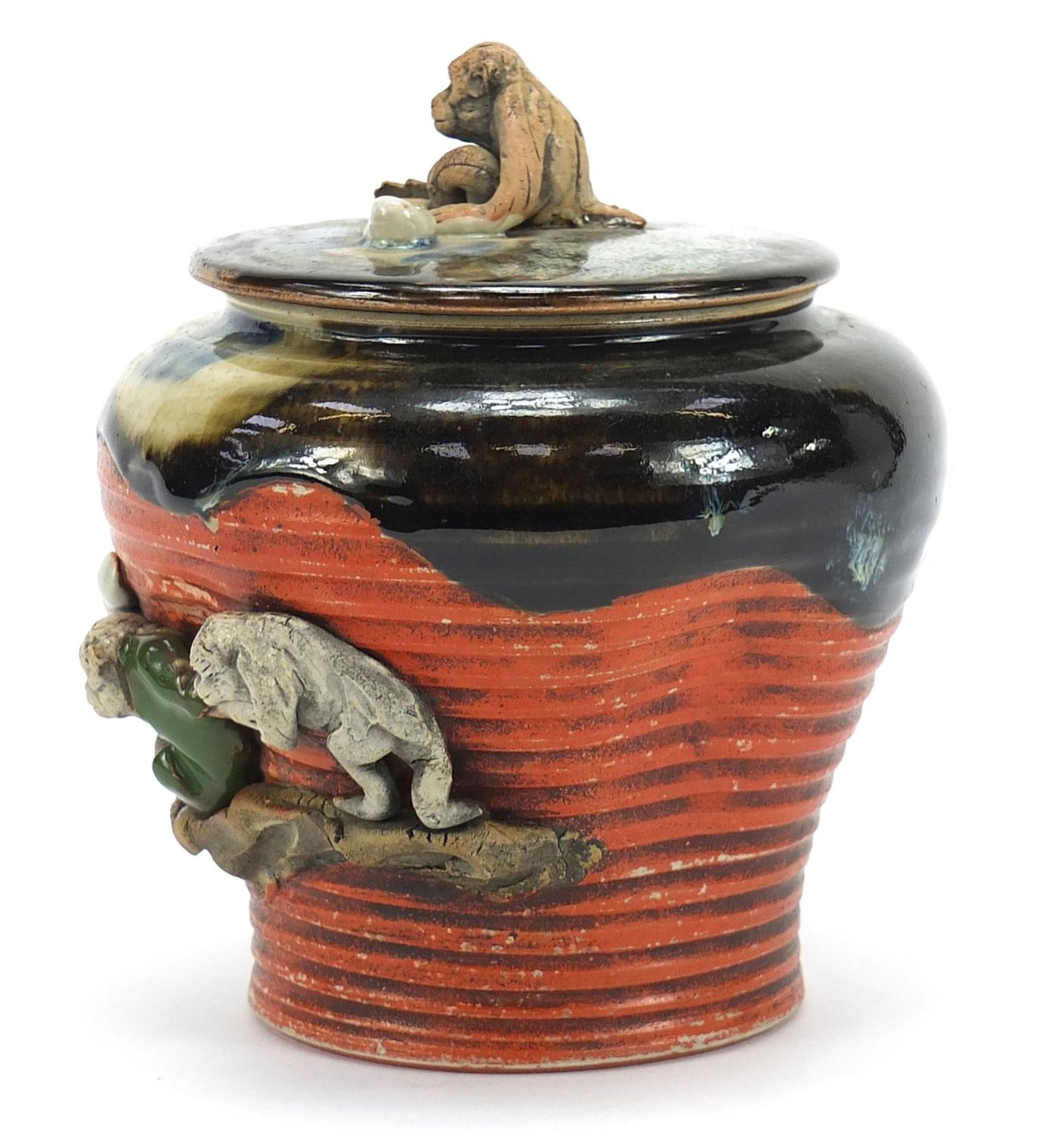 Japanese Sumida Gawa pottery jar and cover with monkey knop, incised character marks to the base, - Image 3 of 8