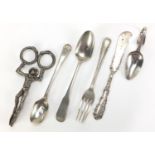 Georgian and later silver and white metal flatware including a pair of sugar nips in the form of a
