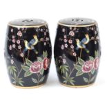 Pair of Chinese porcelain barrel design garden seats hand painted with birds amongst cherry blossom,