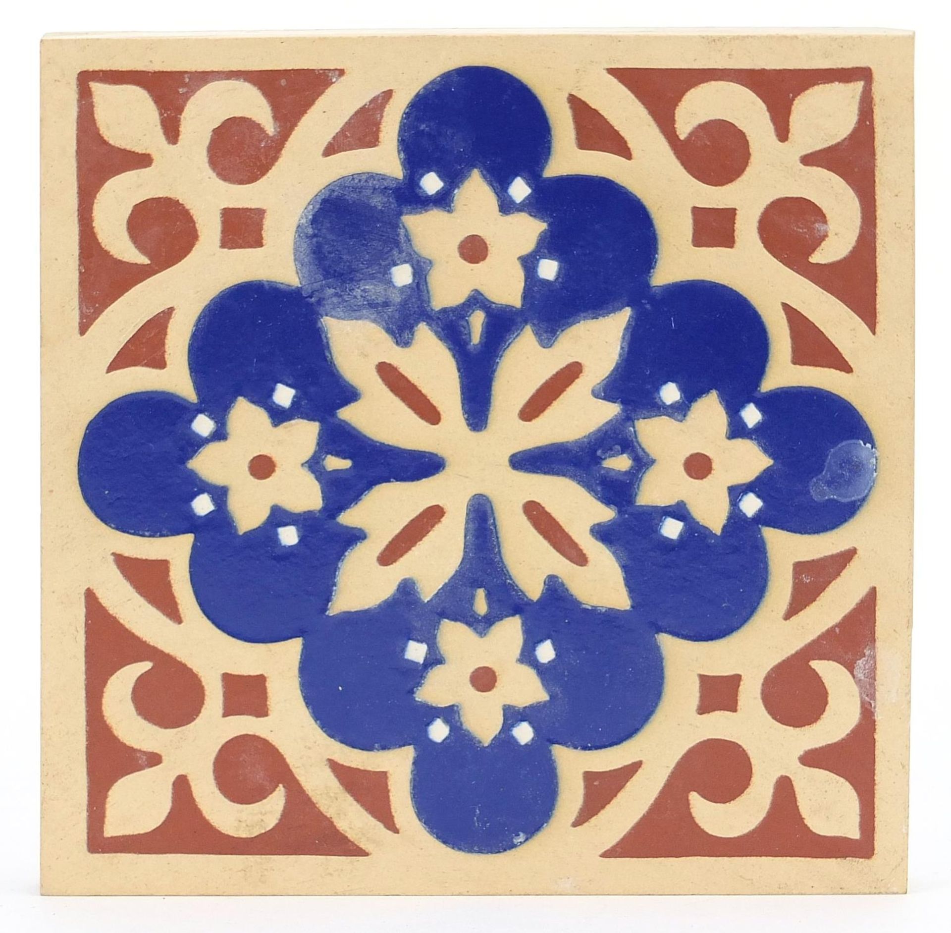 H & R Johnson encaustic tile from the Westminster Palace throne room, 15cm x 15cm (PROVENANCE:
