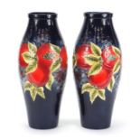 Large pair of William Moorcroft style vases hand painted with fruit, each 40.5cm high :For Further