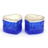 Lauren Victoria, pair of blue cut glass love heart shaped boxes with sterling silver lids, 4.5cm