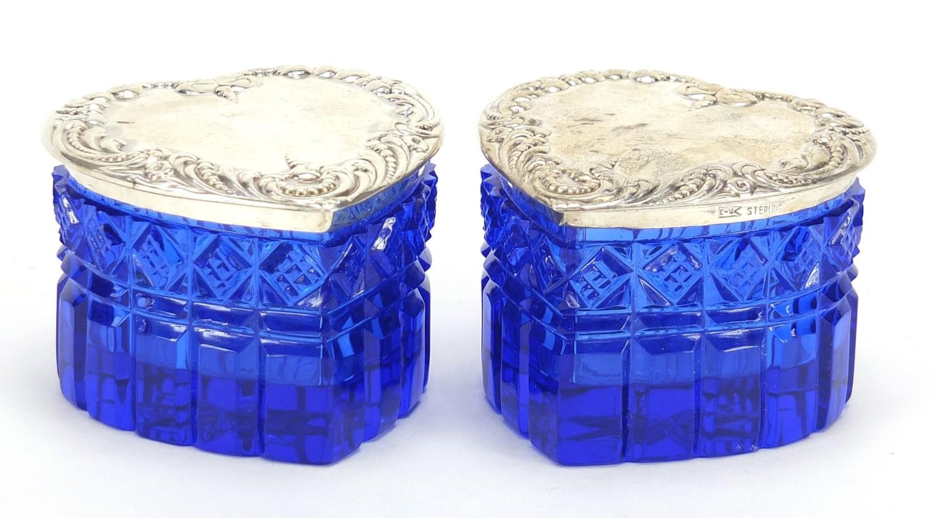 Lauren Victoria, pair of blue cut glass love heart shaped boxes with sterling silver lids, 4.5cm