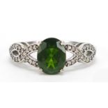 9ct white gold green stone and diamond ring, possibly tourmaline, size O, 2.9g :For Further