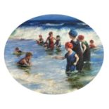 Figures bathing in the sea, Impressionist oval oil on board, mounted and framed, 51cm x 41cm
