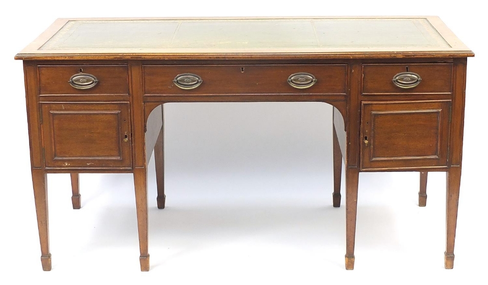 Edwardian mahogany pedestal writing desk with green tooled leather insert above three drawers and - Image 2 of 4