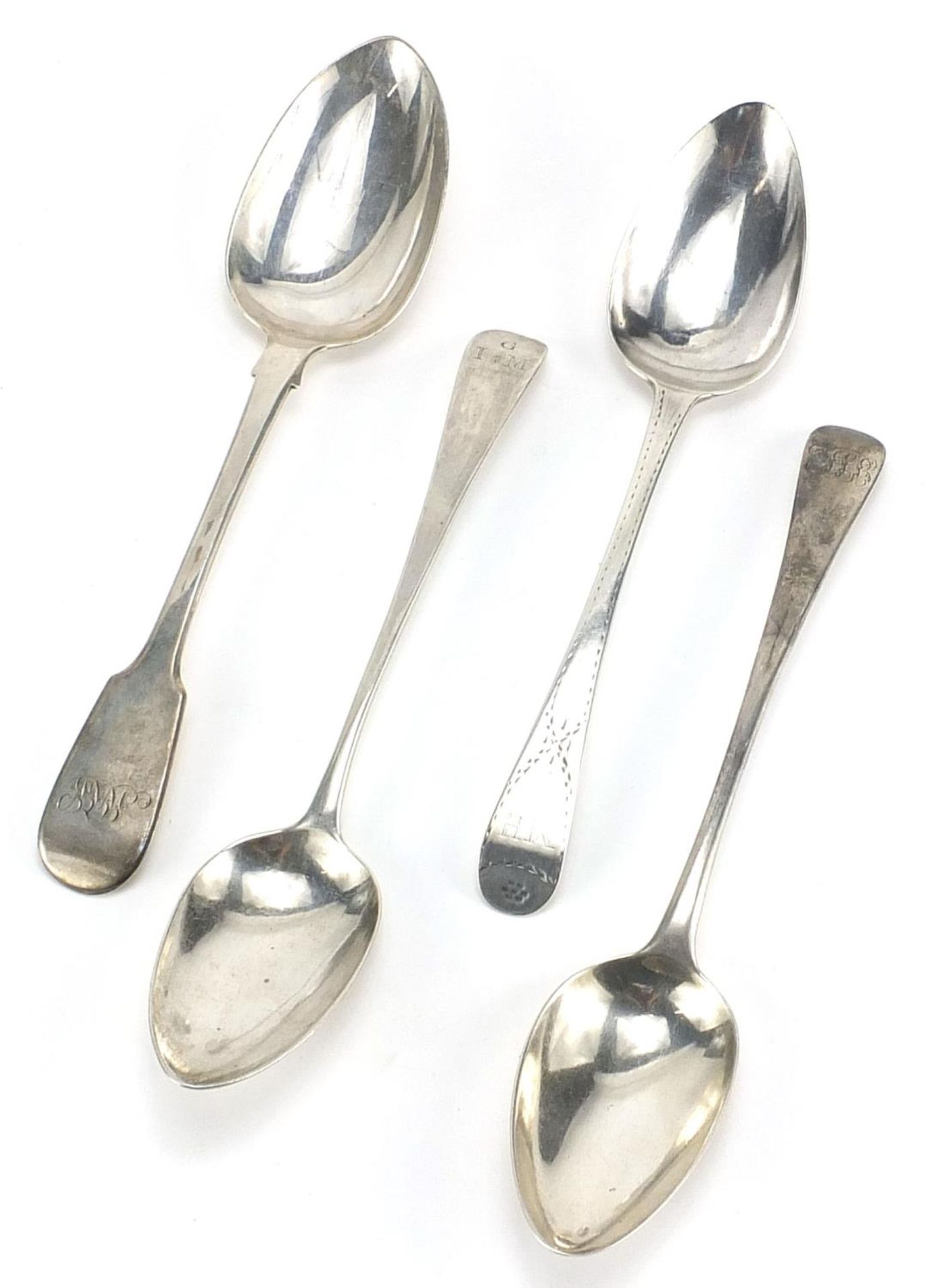 Four William IV and later silver tablespoons including Charles Boyton 1836, the largest 22.5cm in