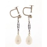 Pair of 9ct white gold pearl drop earrings with screw backs, 3cm high, 2.3g :For Further Condition