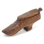 Antique Scandinavian design carved treen shoe design snuff box, 10cm in length :For Further