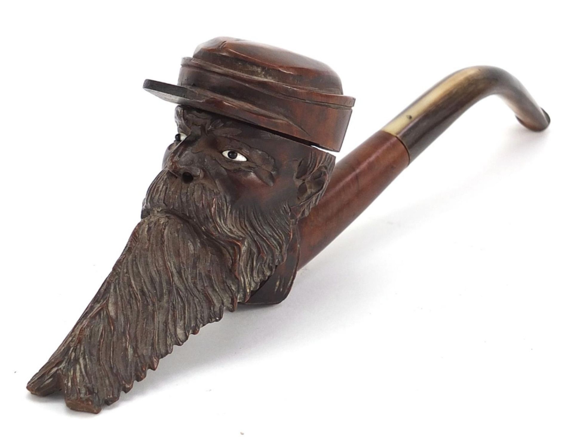 Black Forest style Meerschaum pipe with carved bowl in the form of a gentleman wearing a cap, 23cm