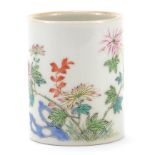 Chinese porcelain brush pot finely hand painted in the famille rose palette with flowers,