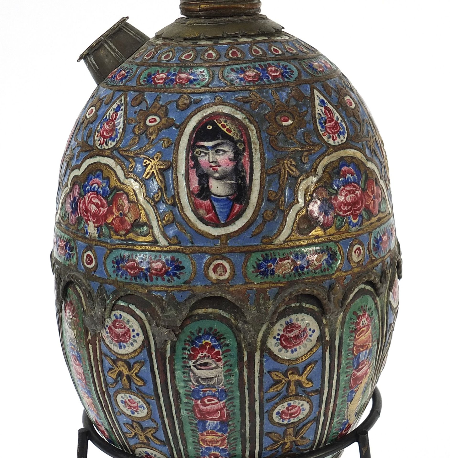 19th century Persian Qajar enamelled hookah on stand with mouthpiece and pear shaped reservoir, - Image 3 of 11
