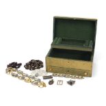 Victorian tooled leather jewellery box containing vintage and later costume jewellery including an