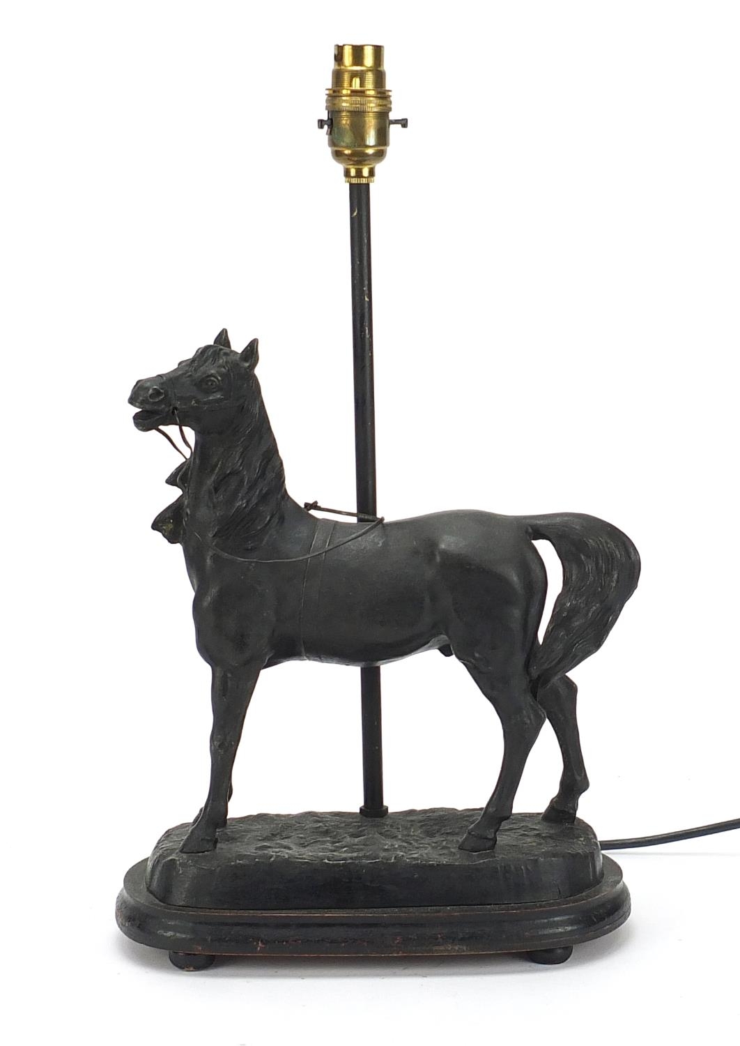 Patinated spelter horse design table lamp with ebonised base, 42cm high :For Further Condition - Image 2 of 5