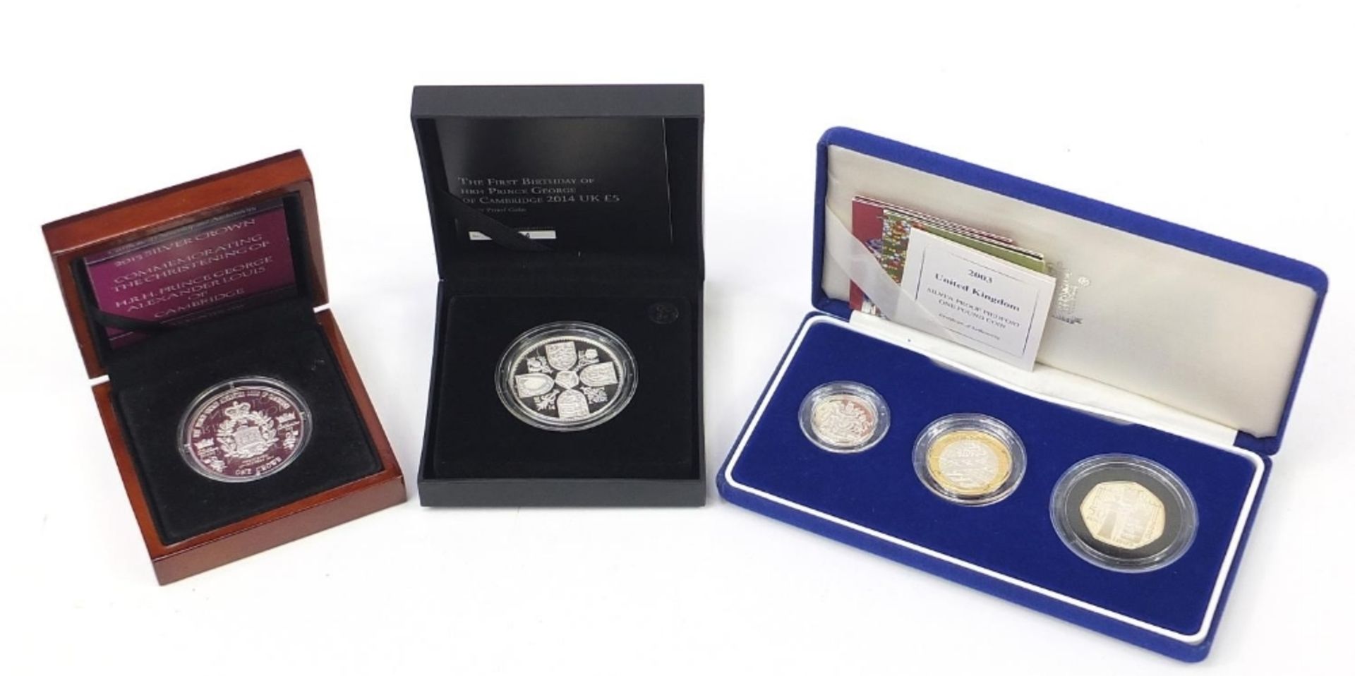 Silver proof coins comprising a 2003 Piedfort three coin collection, Royal Baby Christening silver