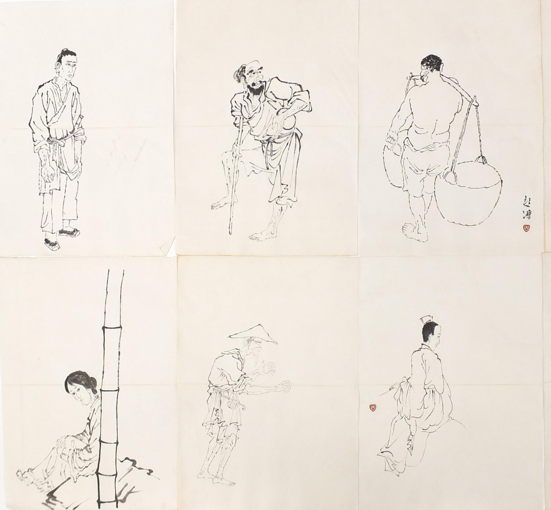 Attributed to Xu Beihong - Figural studies, collection of thirty two Chinese ink drawings, each 42. - Image 6 of 11