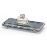 George Fox, Edward VII silver mounted blue agate desk stand with cut glass inkwell and pen rests,