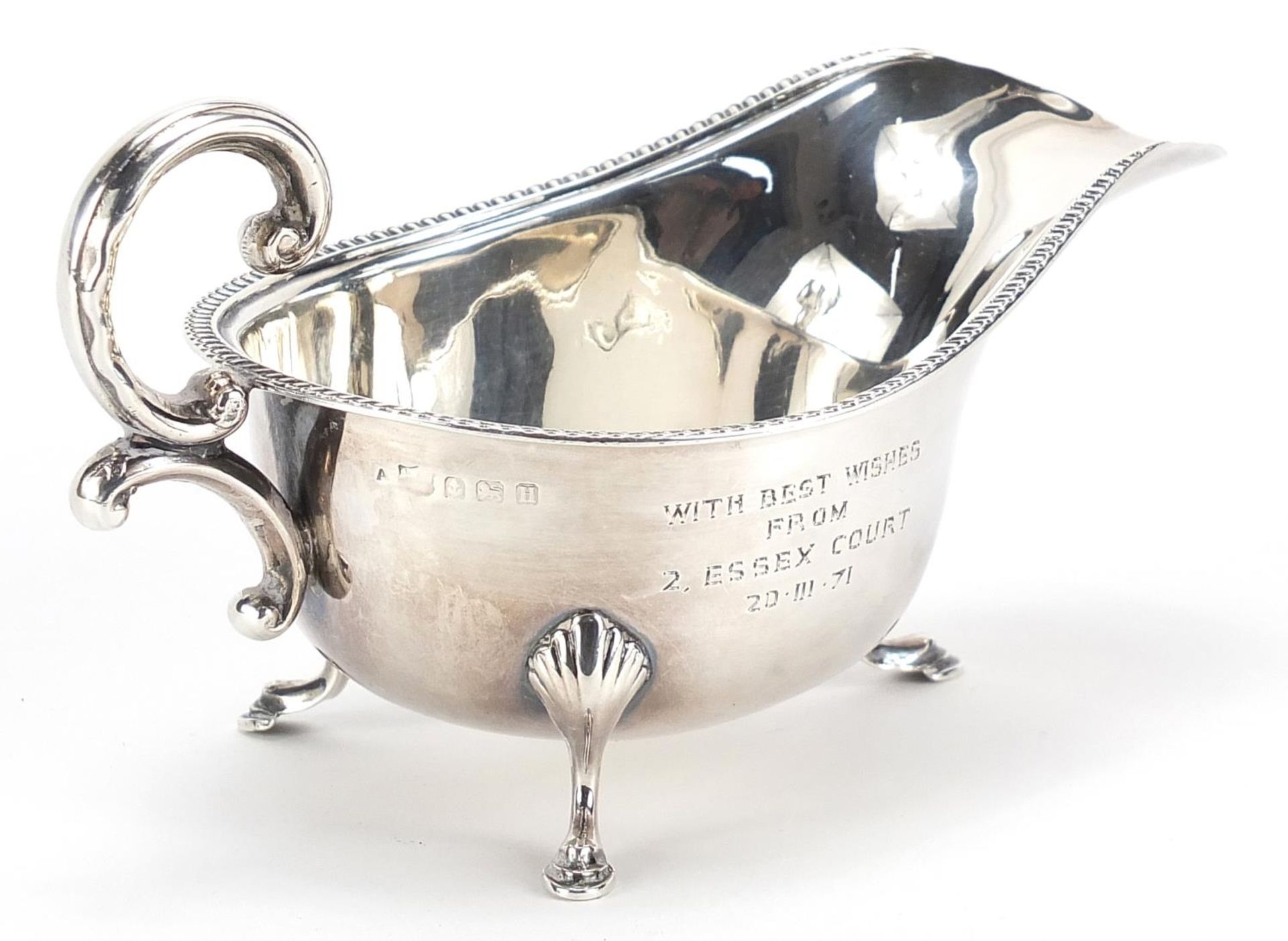 Silver sauce boat raised on three hoof feet, Birmingham, 1932, 15cm in length, 99.2g :For Further - Bild 2 aus 5