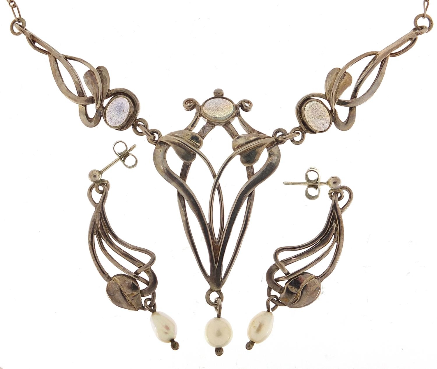 Art Nouveau silver and opalescent necklace with matching earrings, the necklace 38cm in length,