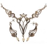 Art Nouveau silver and opalescent necklace with matching earrings, the necklace 38cm in length,