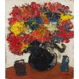 Abstract composition, still life flowers in a vase, Scottish school oil on board, unframed, 61cm x