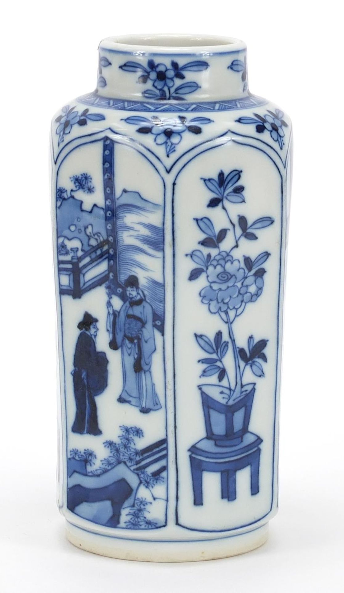 Chinese blue and white porcelain hexagonal vase hand painted with panels of figures and flowers, - Image 3 of 10