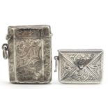 Edwardian silver vesta and silver stamp case in the form of an envelope, the vesta hallmarked