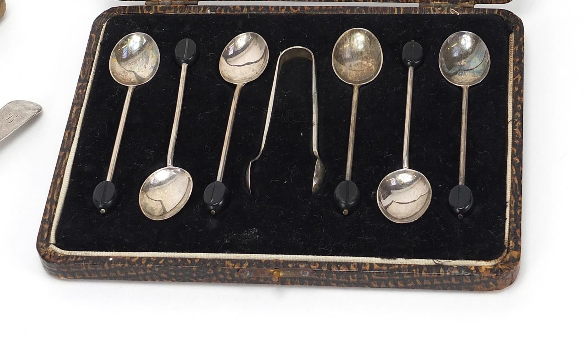 Silver items comprising coffee bean spoons and sugar tongs with fitted case, three antique spoons - Image 3 of 4