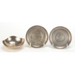 Three Indian silver one rupee coin set dishes comprising 1901, 1917 and 1917, the largest 8.5cm in