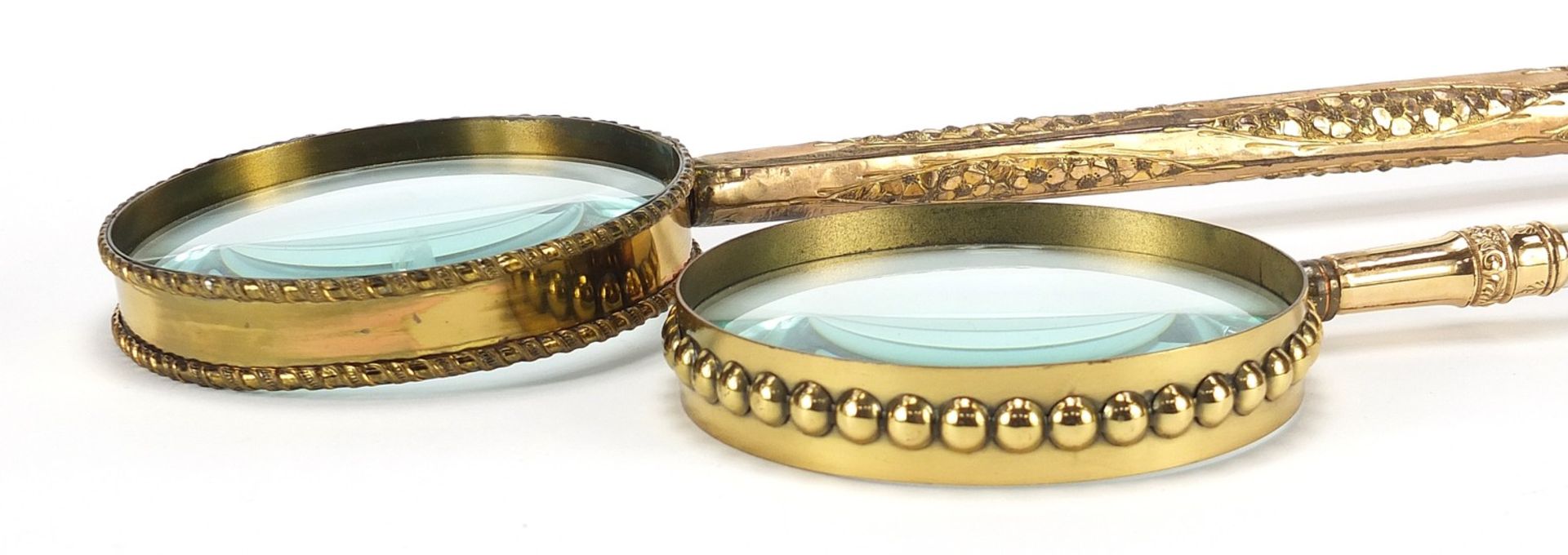 Two large antique gilt metal magnifying glasses including one with mother of pearl handles, the - Bild 4 aus 4