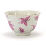 Good Chinese porcelain bowl finely hand painted in pink with butterflies, six figure character marks
