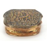 18th century brass snuff box embossed with classical figures, 7cm wide :For Further Condition