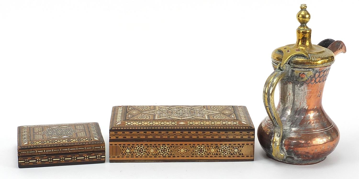 Omani copper and brass coffee pot and two Syrian inlaid boxes, the largest 21cm wide :For Further - Image 4 of 6