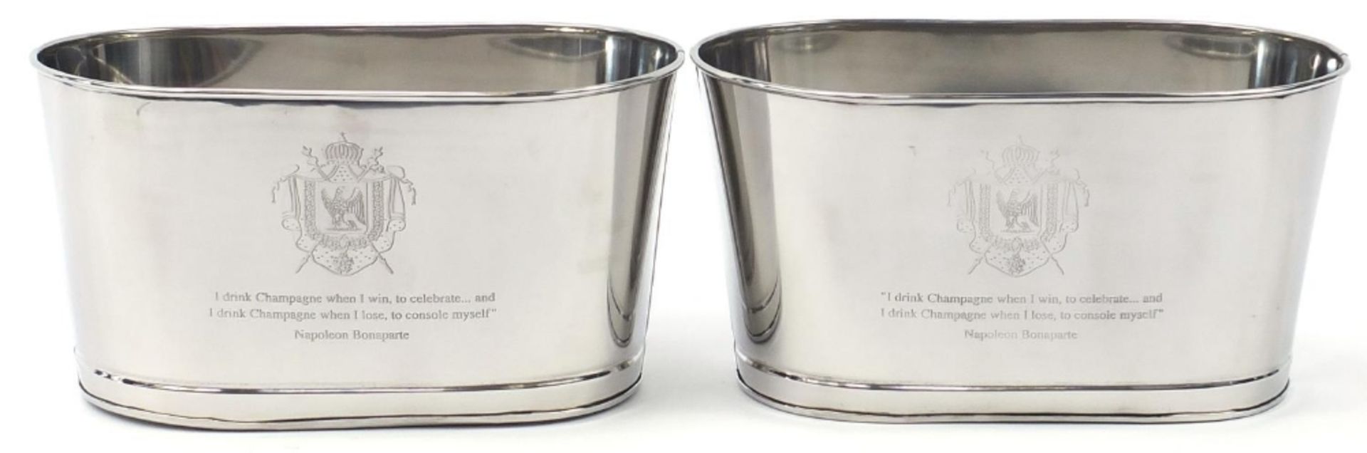 Pair of Champagne ice buckets with Napoleon Bonaparte and Lily Bollinger mottos, 18cm H x 34.5cm W x