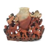 Chinese soapstone vase carved with monkeys and deer, 16.5cm high :For Further Condition Reports