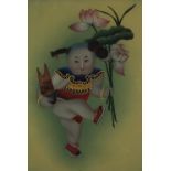 Chinese glass panel reverse painted with a child holding flowers, framed, 48.5cm x 33.5cm