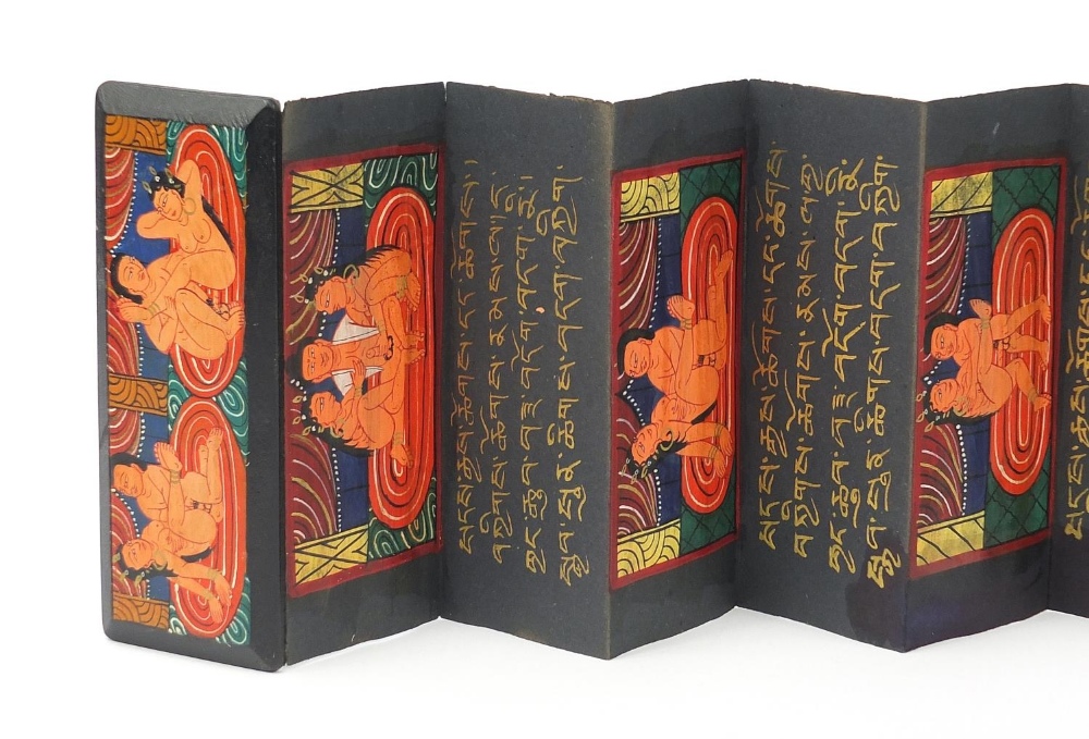 Indian fold out book hand painted with erotic scenes and calligraphy, 19.5cm x 7.5cm when closed : - Image 2 of 12