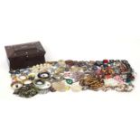 Vintage and later costume jewellery, some arranged in a Victorian rosewood box including Japanese