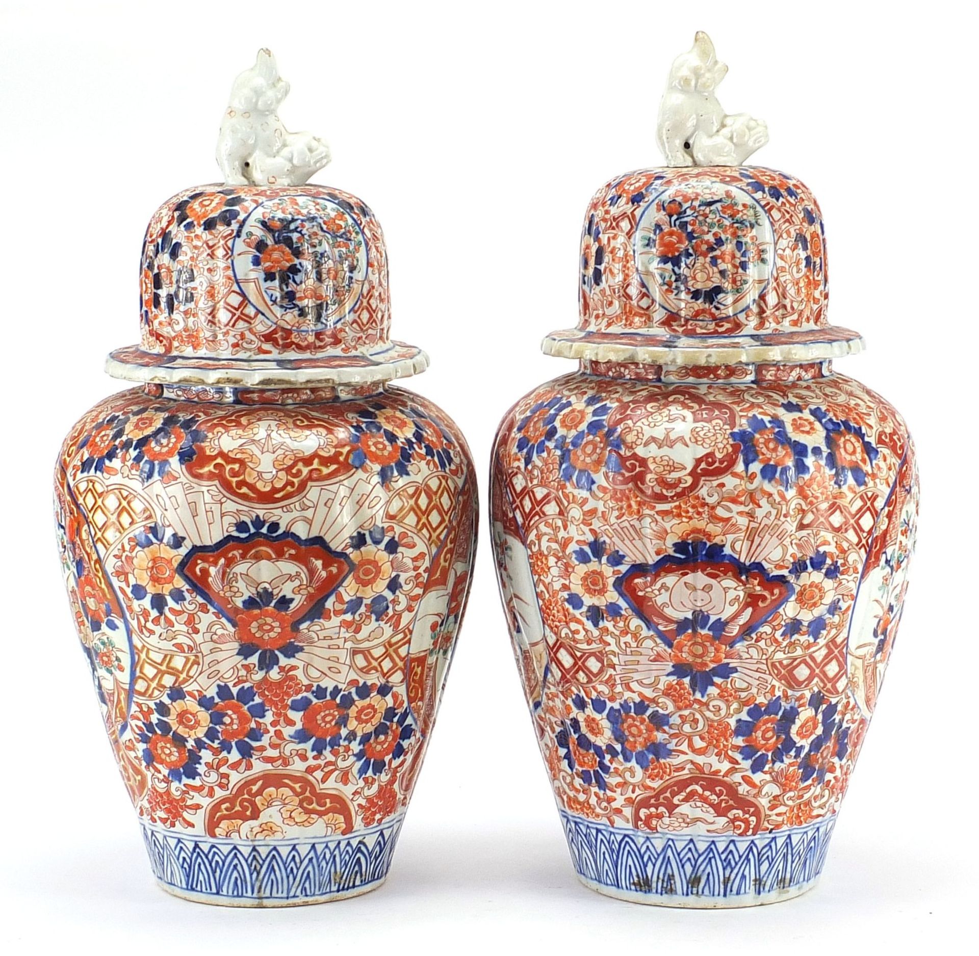 Large pair of Japanese Imari lidded porcelain vases, each profusely hand painted with flowers, - Image 5 of 9