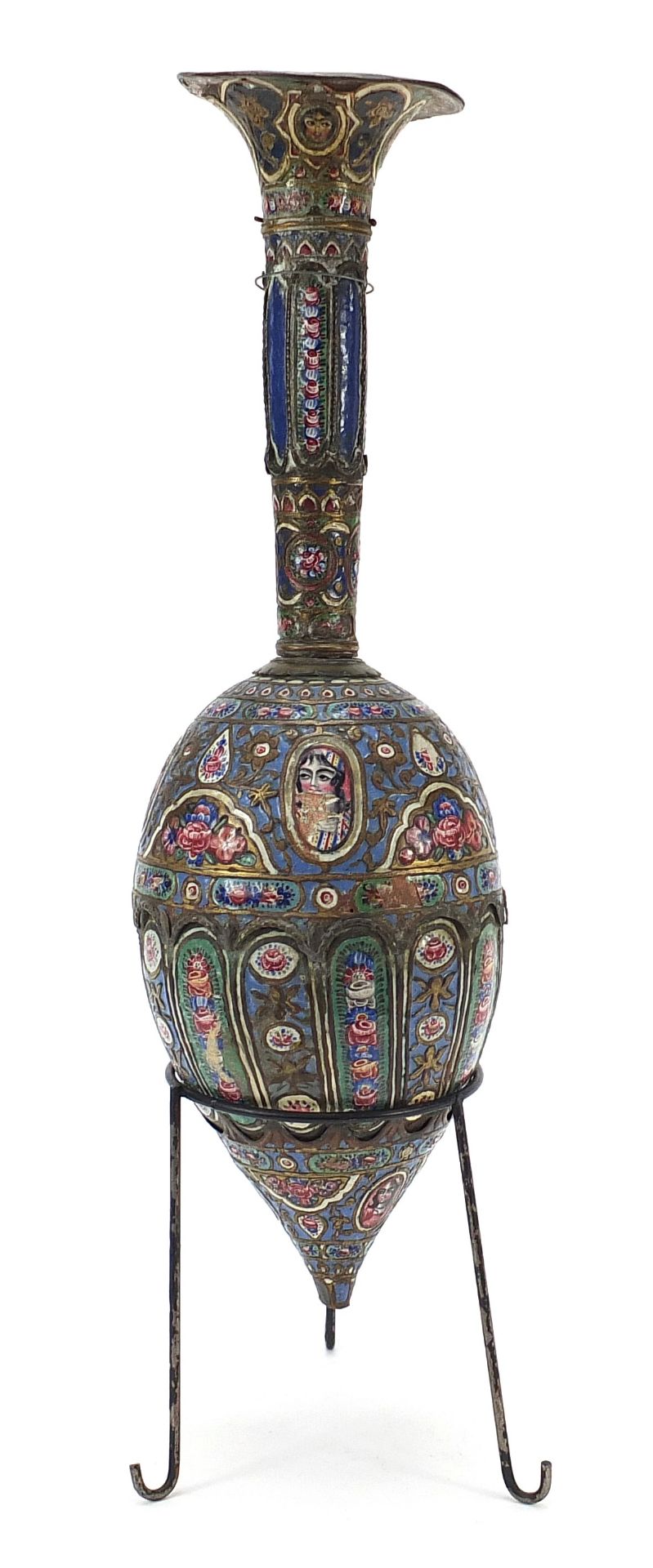 19th century Persian Qajar enamelled hookah on stand with mouthpiece and pear shaped reservoir, - Image 4 of 11