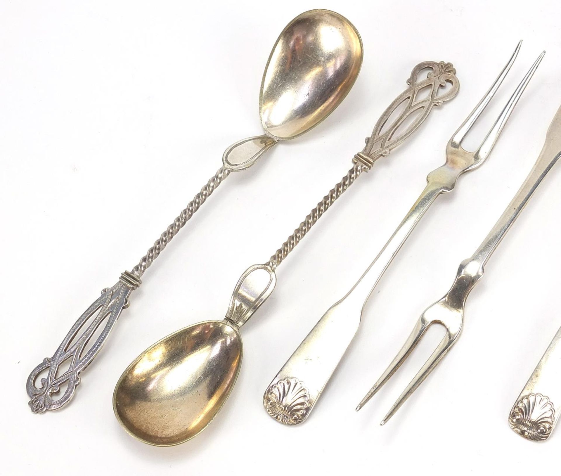 Danish silver and white metal cutlery including a toddy ladle, pair of forks and pair of sugar - Image 2 of 6
